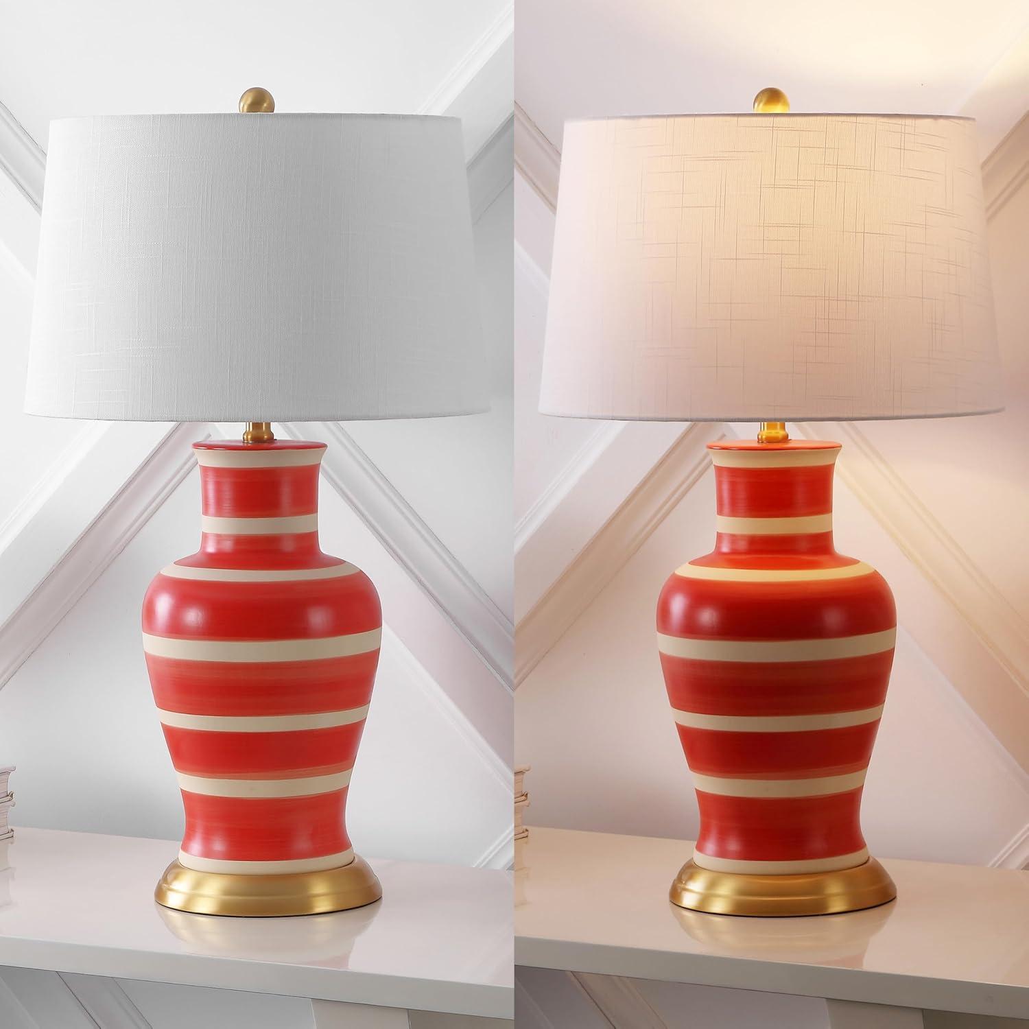 image:imageJONATHAN Y JYL4026H 29 Traditional Yellow and Gold Ceramic Urn Table Lamp for Living Room Classic Vintage Bedside Nightstand Lamp for Bedroom White Linen Drum Shade LED Bulb IncludedRedBeige