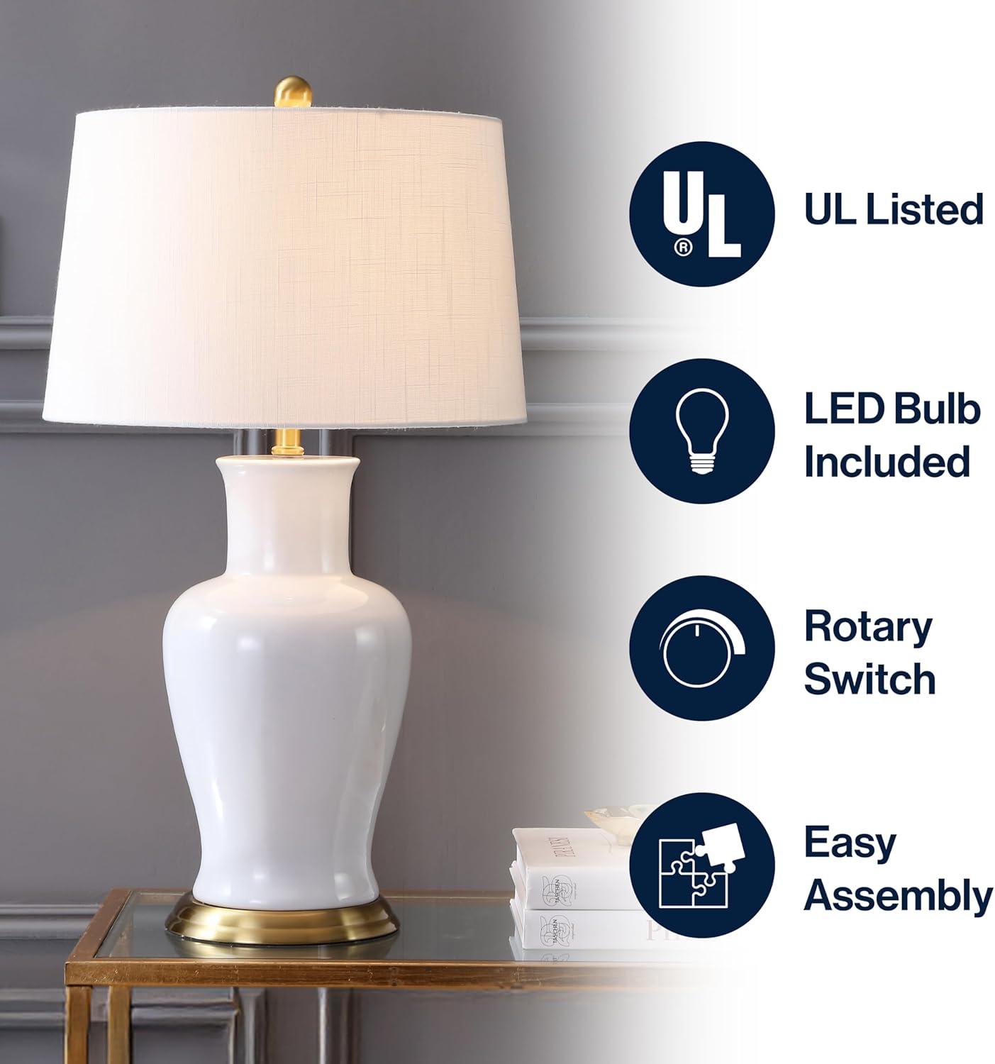 image:imageJONATHAN Y JYL4026H 29 Traditional Yellow and Gold Ceramic Urn Table Lamp for Living Room Classic Vintage Bedside Nightstand Lamp for Bedroom White Linen Drum Shade LED Bulb IncludedWhiteGold