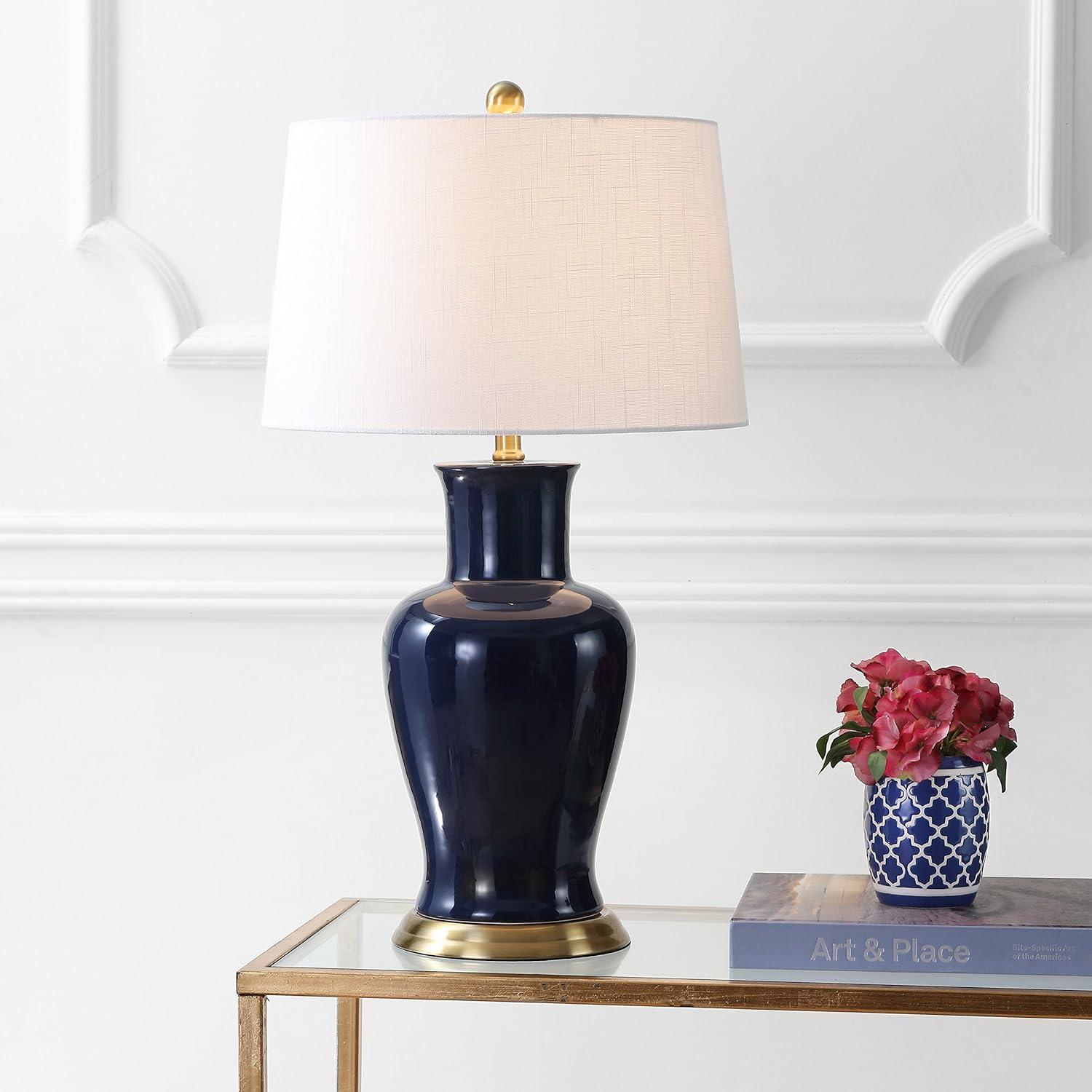 image:imageJONATHAN Y JYL4026H 29 Traditional Yellow and Gold Ceramic Urn Table Lamp for Living Room Classic Vintage Bedside Nightstand Lamp for Bedroom White Linen Drum Shade LED Bulb IncludedNavy