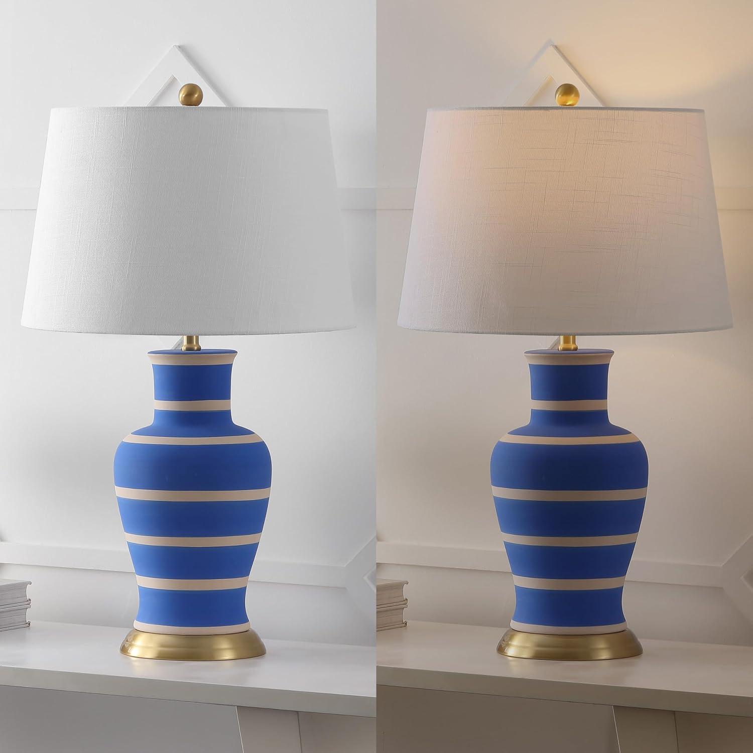 image:imageJONATHAN Y JYL4026H 29 Traditional Yellow and Gold Ceramic Urn Table Lamp for Living Room Classic Vintage Bedside Nightstand Lamp for Bedroom White Linen Drum Shade LED Bulb IncludedBlueBeige