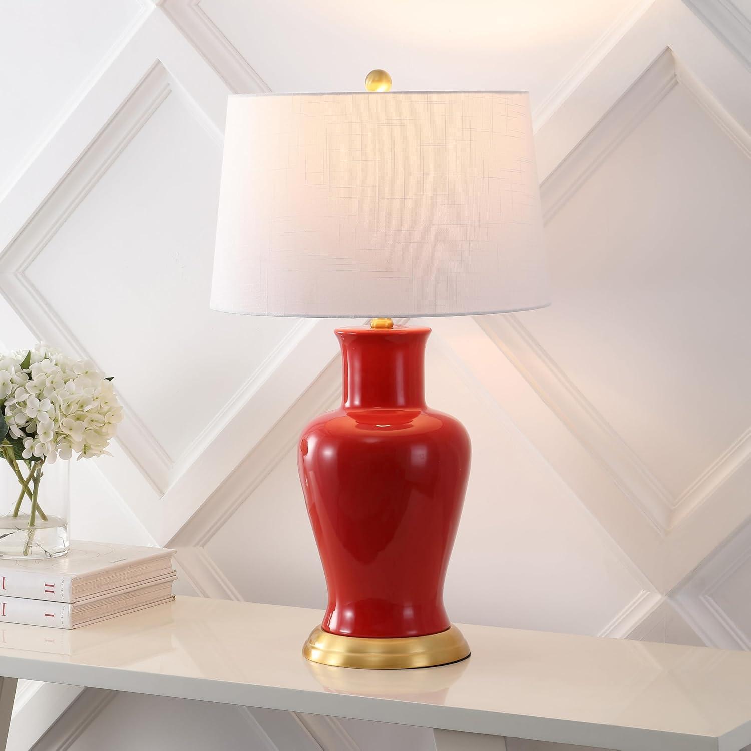image:imageJONATHAN Y JYL4026H 29 Traditional Yellow and Gold Ceramic Urn Table Lamp for Living Room Classic Vintage Bedside Nightstand Lamp for Bedroom White Linen Drum Shade LED Bulb IncludedRed