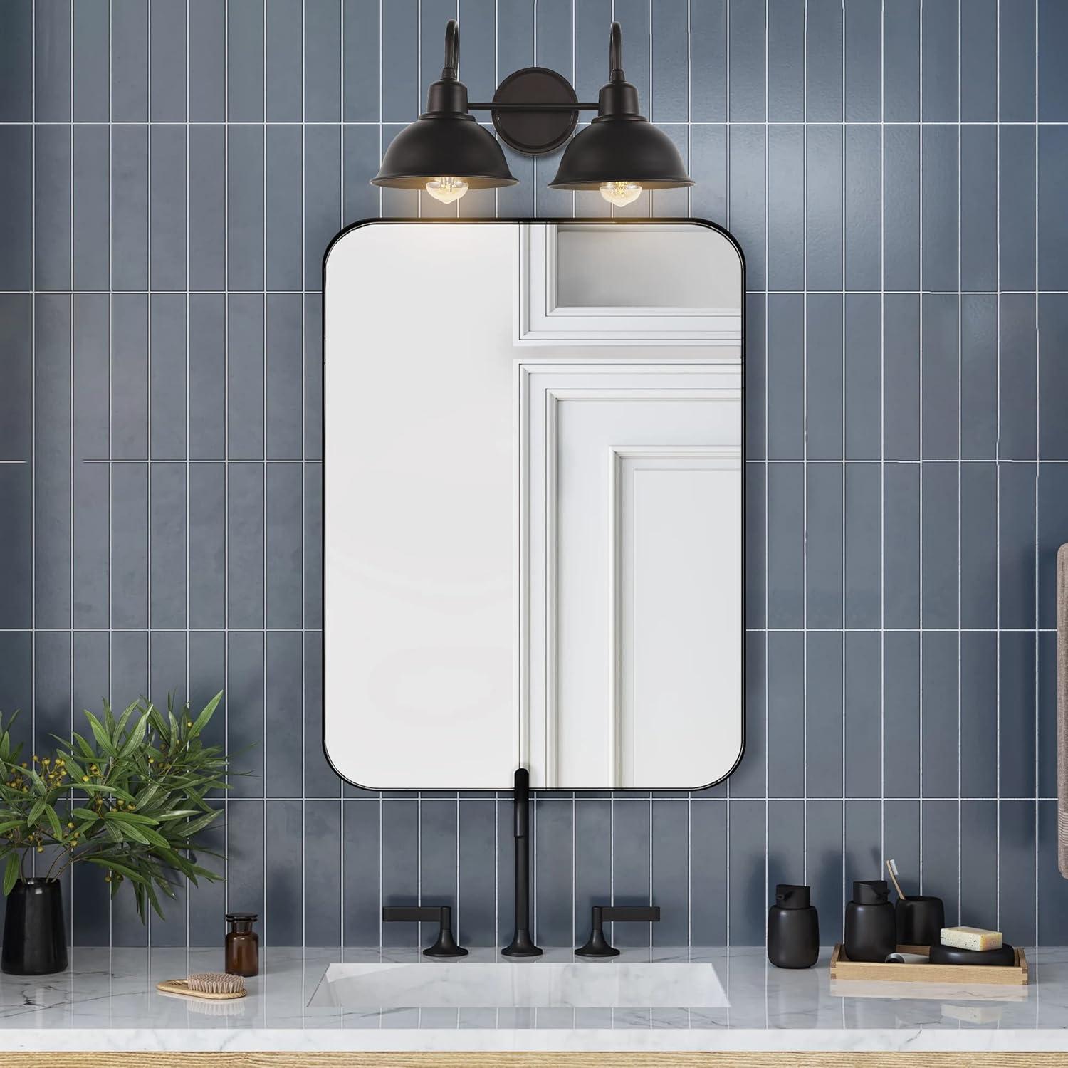 image:imageJONATHAN Y JYL7482A Frisco 18 2 Light Farmhouse Industrial Iron LED Vanity Rustic Transitional 2700K Cozy Warm Light for Bathroom Hallway Living Room Bedroom Mirror Cabinet ChromeOilRubbed Bronze