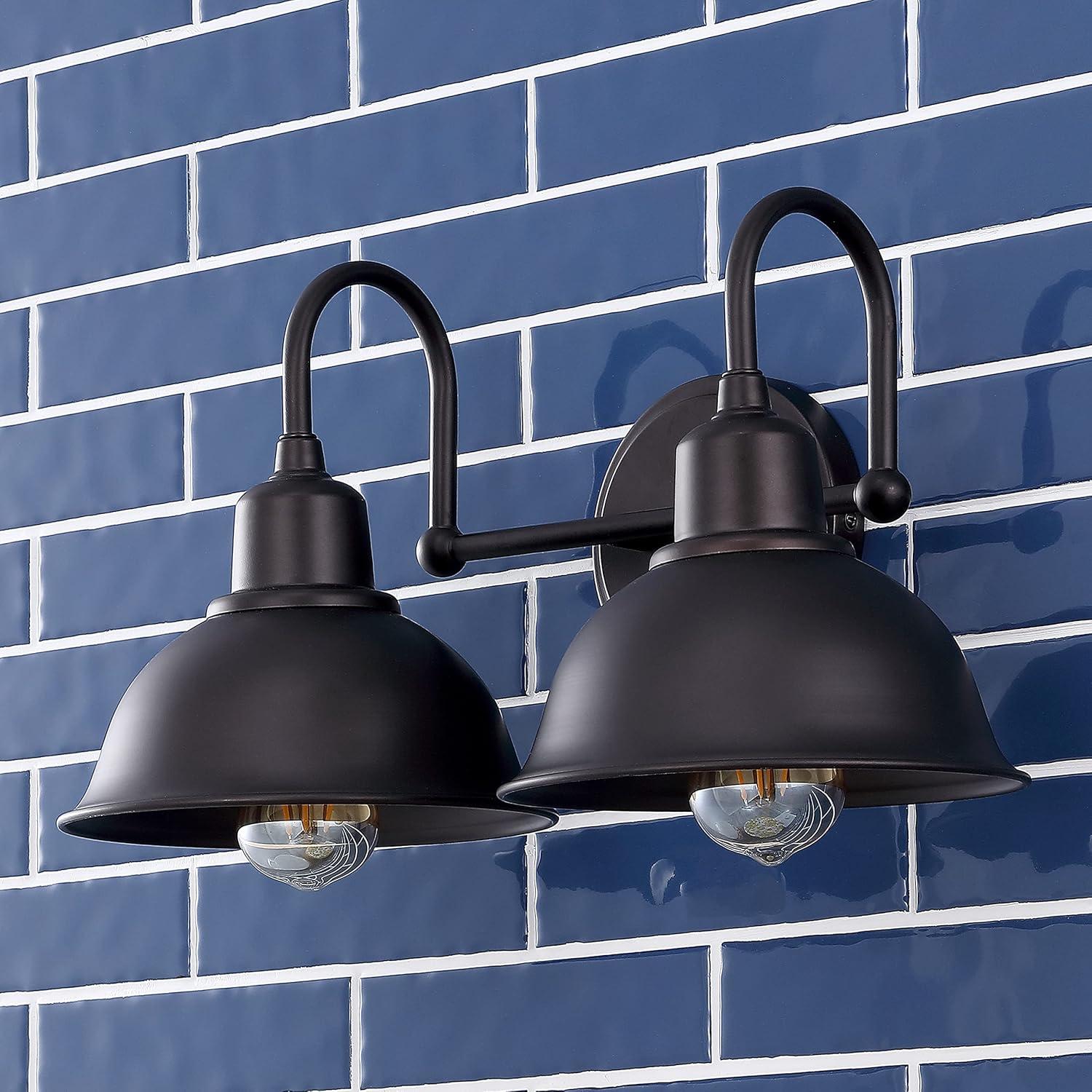 image:imageJONATHAN Y JYL7482A Frisco 18 2 Light Farmhouse Industrial Iron LED Vanity Rustic Transitional 2700K Cozy Warm Light for Bathroom Hallway Living Room Bedroom Mirror Cabinet ChromeOilRubbed Bronze