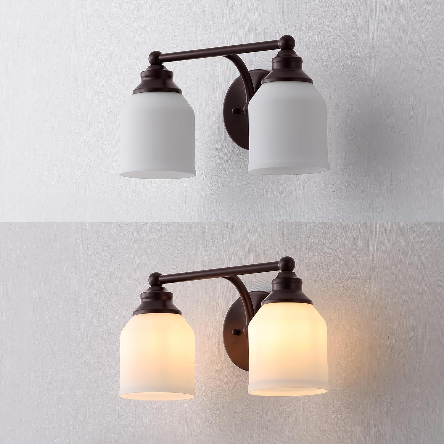 image:imageJONATHAN Y JYL7550A Farmhouse 2Light Bathroom Vanity Light 14 Chrome Wall Sconce with Frosted Glass Bell Shade Dimmable Wall Mount Fixture for Powder Room Mirror Kitchen LED Bulbs IncludedOil Rubbed BronzeWhite
