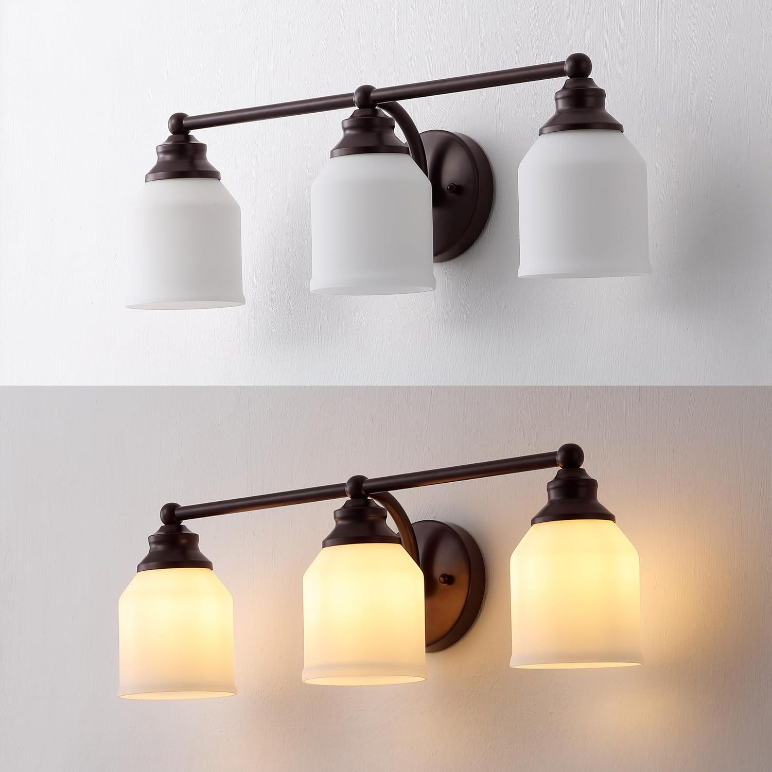 image:imageJONATHAN Y JYL7550A Farmhouse 2Light Bathroom Vanity Light 14 Chrome Wall Sconce with Frosted Glass Bell Shade Dimmable Wall Mount Fixture for Powder Room Mirror Kitchen LED Bulbs IncludedOil Rubbed BronzeWhite