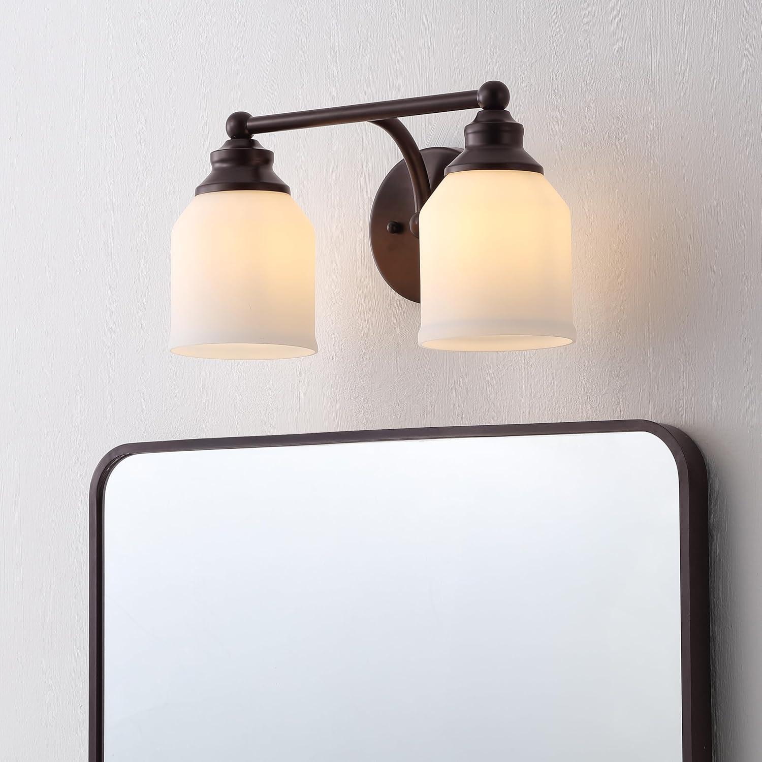image:imageJONATHAN Y JYL7550A Farmhouse 2Light Bathroom Vanity Light 14 Chrome Wall Sconce with Frosted Glass Bell Shade Dimmable Wall Mount Fixture for Powder Room Mirror Kitchen LED Bulbs IncludedOil Rubbed BronzeWhite