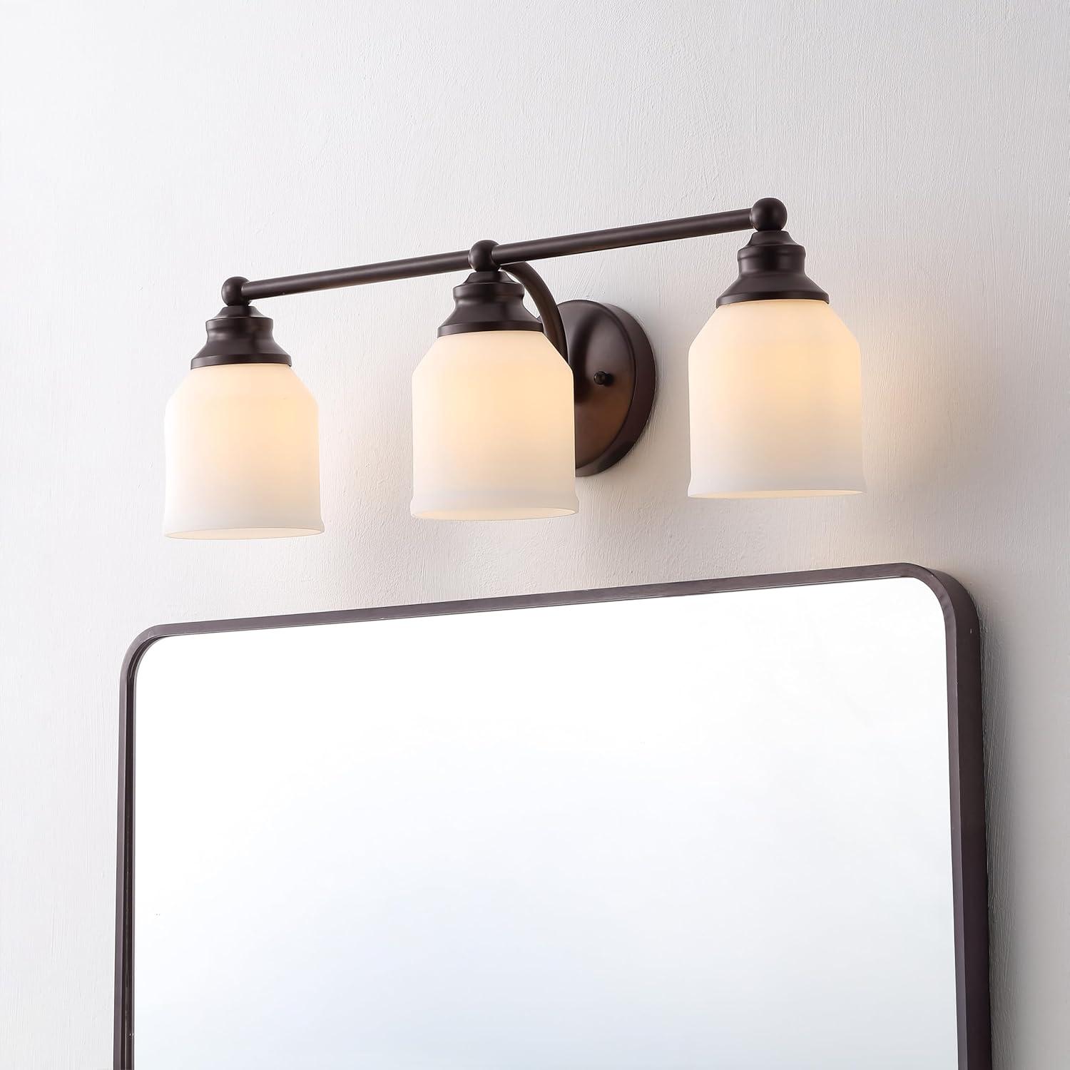 image:imageJONATHAN Y JYL7550A Farmhouse 2Light Bathroom Vanity Light 14 Chrome Wall Sconce with Frosted Glass Bell Shade Dimmable Wall Mount Fixture for Powder Room Mirror Kitchen LED Bulbs IncludedOil Rubbed BronzeWhite