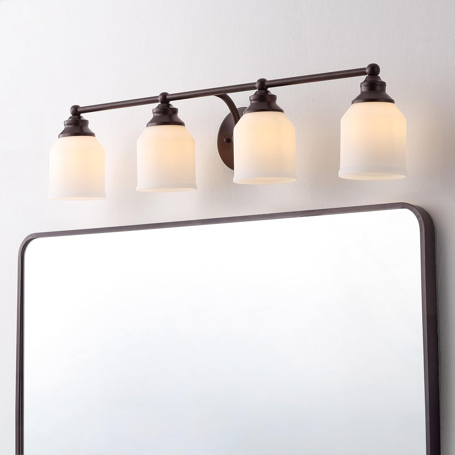 image:imageJONATHAN Y JYL7550A Farmhouse 2Light Bathroom Vanity Light 14 Chrome Wall Sconce with Frosted Glass Bell Shade Dimmable Wall Mount Fixture for Powder Room Mirror Kitchen LED Bulbs IncludedOil Rubbed BronzeWhite