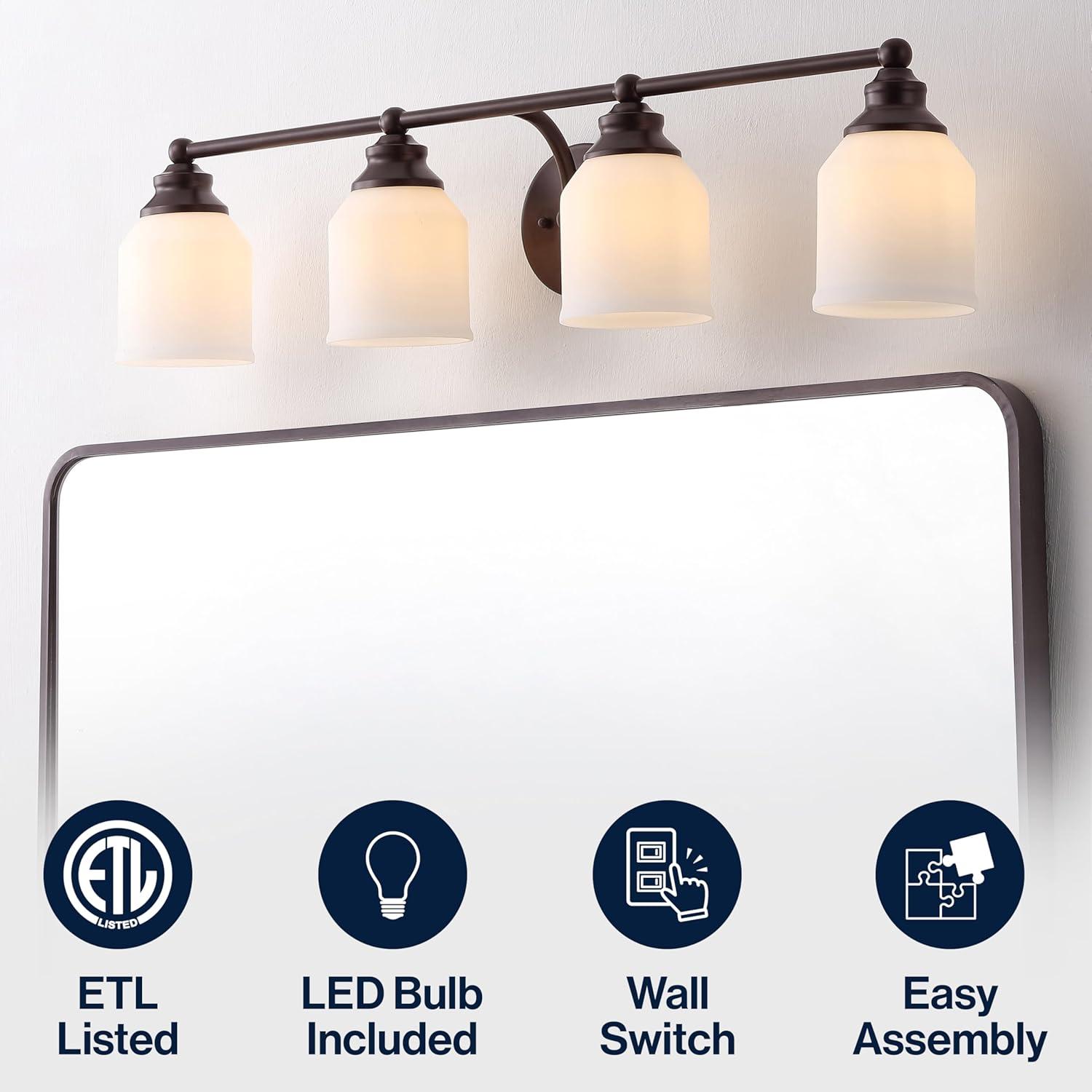 image:imageJONATHAN Y JYL7550A Farmhouse 2Light Bathroom Vanity Light 14 Chrome Wall Sconce with Frosted Glass Bell Shade Dimmable Wall Mount Fixture for Powder Room Mirror Kitchen LED Bulbs IncludedOil Rubbed BronzeWhite