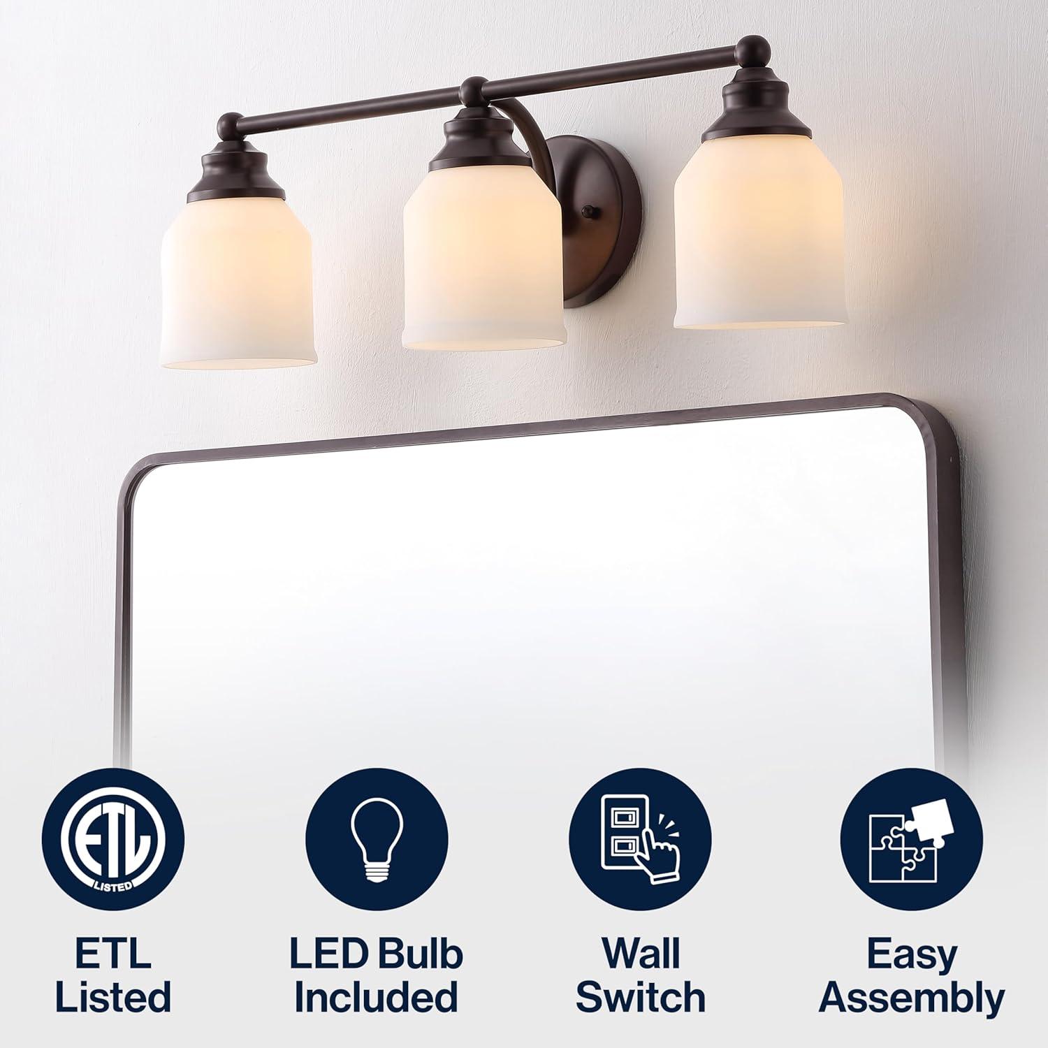 image:imageJONATHAN Y JYL7550A Farmhouse 2Light Bathroom Vanity Light 14 Chrome Wall Sconce with Frosted Glass Bell Shade Dimmable Wall Mount Fixture for Powder Room Mirror Kitchen LED Bulbs IncludedOil Rubbed BronzeWhite