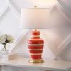 JONATHAN Y JYL4026H 29″ Traditional Yellow and Gold Ceramic Urn Table Lamp for Living Room, Classic Vintage Bedside Nightstand Lamp for Bedroom, White Linen Drum Shade, LED Bulb Included(Red/Beige)