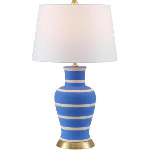 JONATHAN Y JYL4026H 29″ Traditional Yellow and Gold Ceramic Urn Table Lamp for Living Room, Classic Vintage Bedside Nightstand Lamp for Bedroom, White Linen Drum Shade, LED Bulb Included(Blue/Beige)