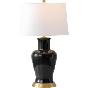 JONATHAN Y JYL4026H 29″ Traditional Yellow and Gold Ceramic Urn Table Lamp for Living Room, Classic Vintage Bedside Nightstand Lamp for Bedroom, White Linen Drum Shade, LED Bulb Included(Black)