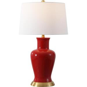 JONATHAN Y JYL4026H 29″ Traditional Yellow and Gold Ceramic Urn Table Lamp for Living Room, Classic Vintage Bedside Nightstand Lamp for Bedroom, White Linen Drum Shade, LED Bulb Included(Red)