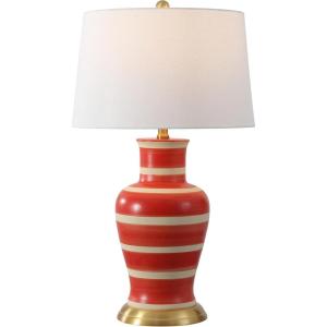 JONATHAN Y JYL4026H 29″ Traditional Yellow and Gold Ceramic Urn Table Lamp for Living Room, Classic Vintage Bedside Nightstand Lamp for Bedroom, White Linen Drum Shade, LED Bulb Included(Red/Beige)