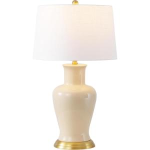 JONATHAN Y JYL4026H 29″ Traditional Yellow and Gold Ceramic Urn Table Lamp for Living Room, Classic Vintage Bedside Nightstand Lamp for Bedroom, White Linen Drum Shade, LED Bulb Included(Almond)