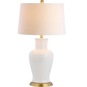 JONATHAN Y JYL4026H 29″ Traditional Yellow and Gold Ceramic Urn Table Lamp for Living Room, Classic Vintage Bedside Nightstand Lamp for Bedroom, White Linen Drum Shade, LED Bulb Included(White/Gold)
