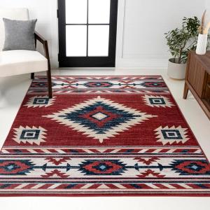 JONATHAN Y Medallion Southwestern Indoor Area Rug 5X8 Red/Navy/Cream, Serape for Living Room, Bedroom, Kitchen, Office, Easy-Cleaning, High Traffic, Pet-Friendly, Non-Shedding SWC100A-5(4′ x 6′ (Rectangular))