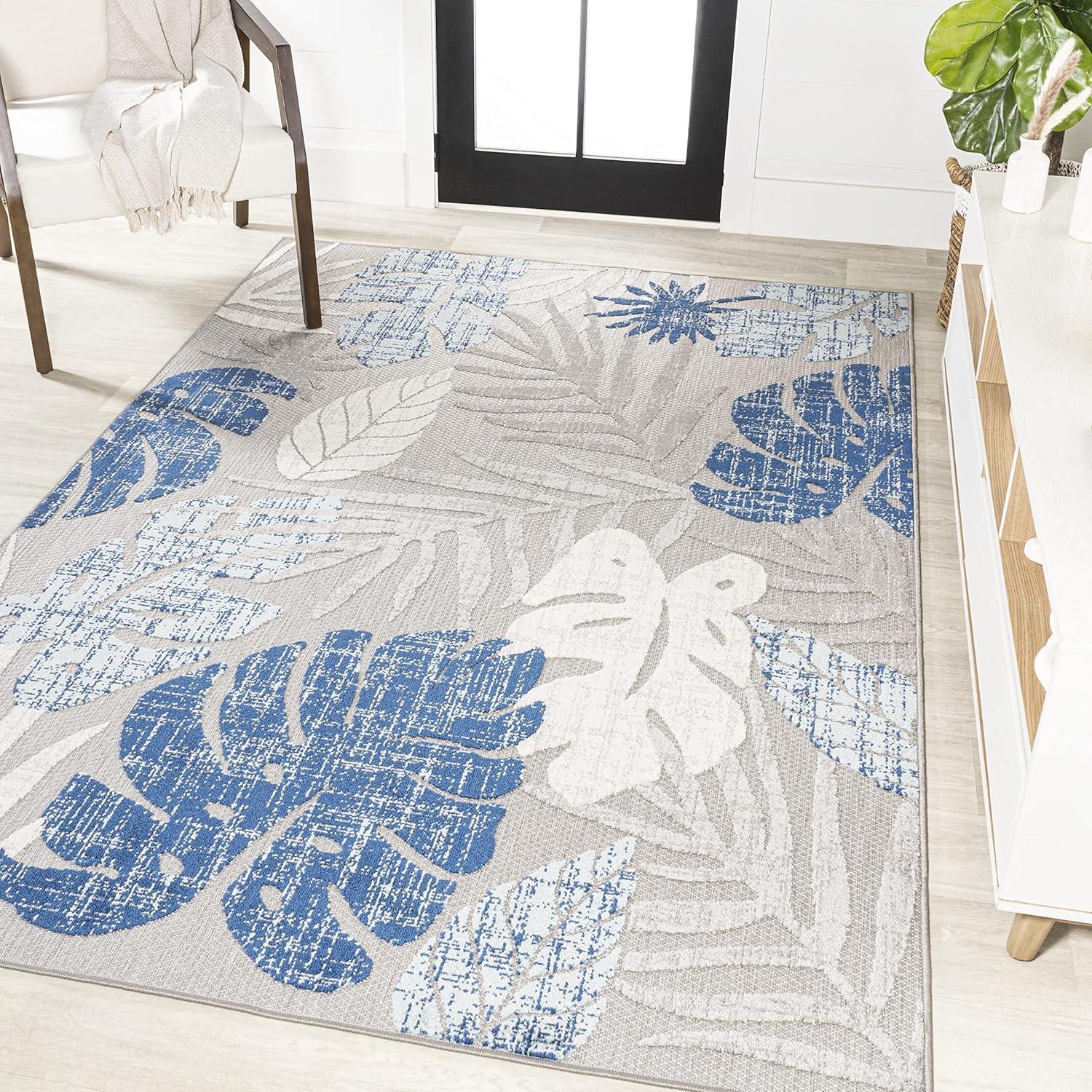 image:imageJONATHAN Y Tropical Leaf Indoor Outdoor Area Rug 8X10 Light GrayNavy Monstera HighLow for Backyard Patio Porch EasyCleaning High Traffic PetFriendly NonShedding AMC113A853 x 77 Rectangular