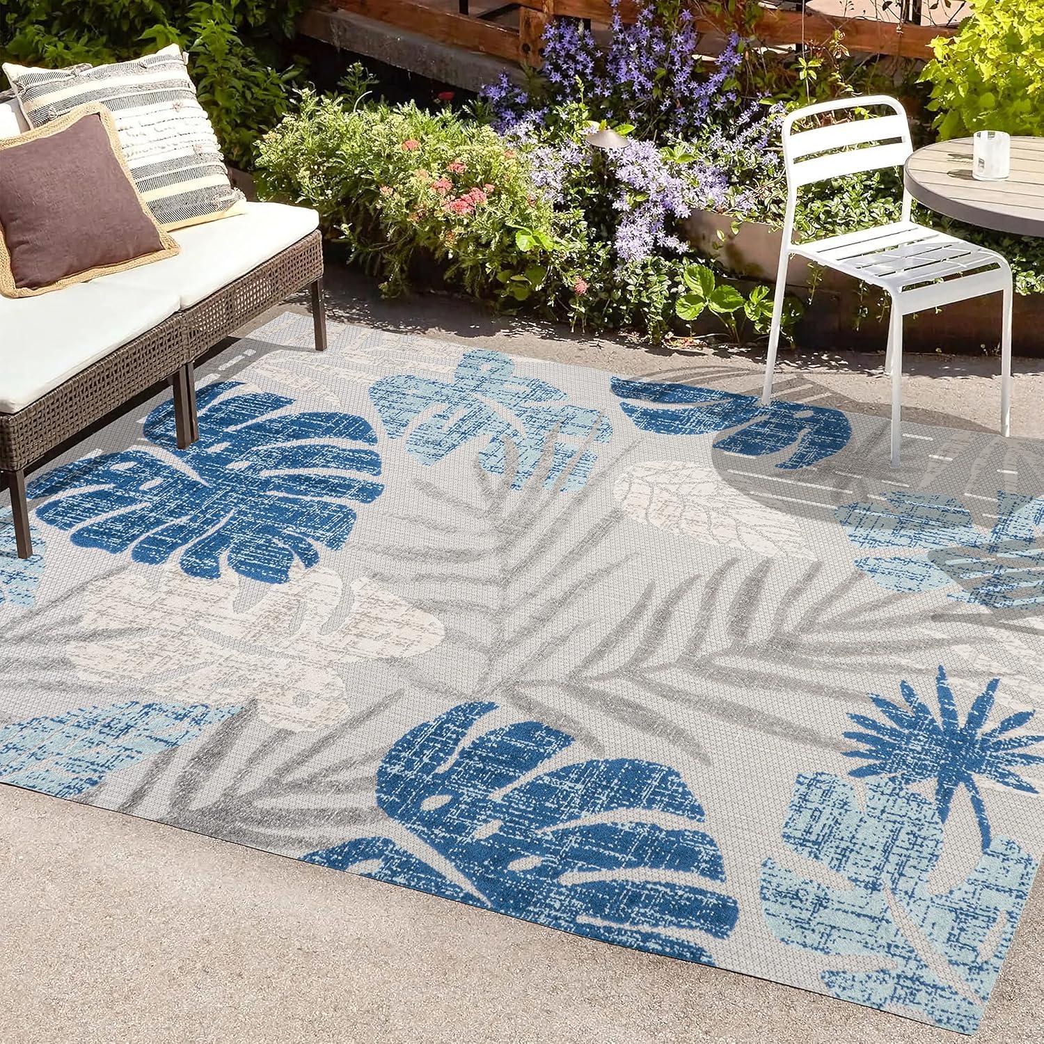 image:imageJONATHAN Y Tropical Leaf Indoor Outdoor Area Rug 8X10 Light GrayNavy Monstera HighLow for Backyard Patio Porch EasyCleaning High Traffic PetFriendly NonShedding AMC113A853 x 77 Rectangular