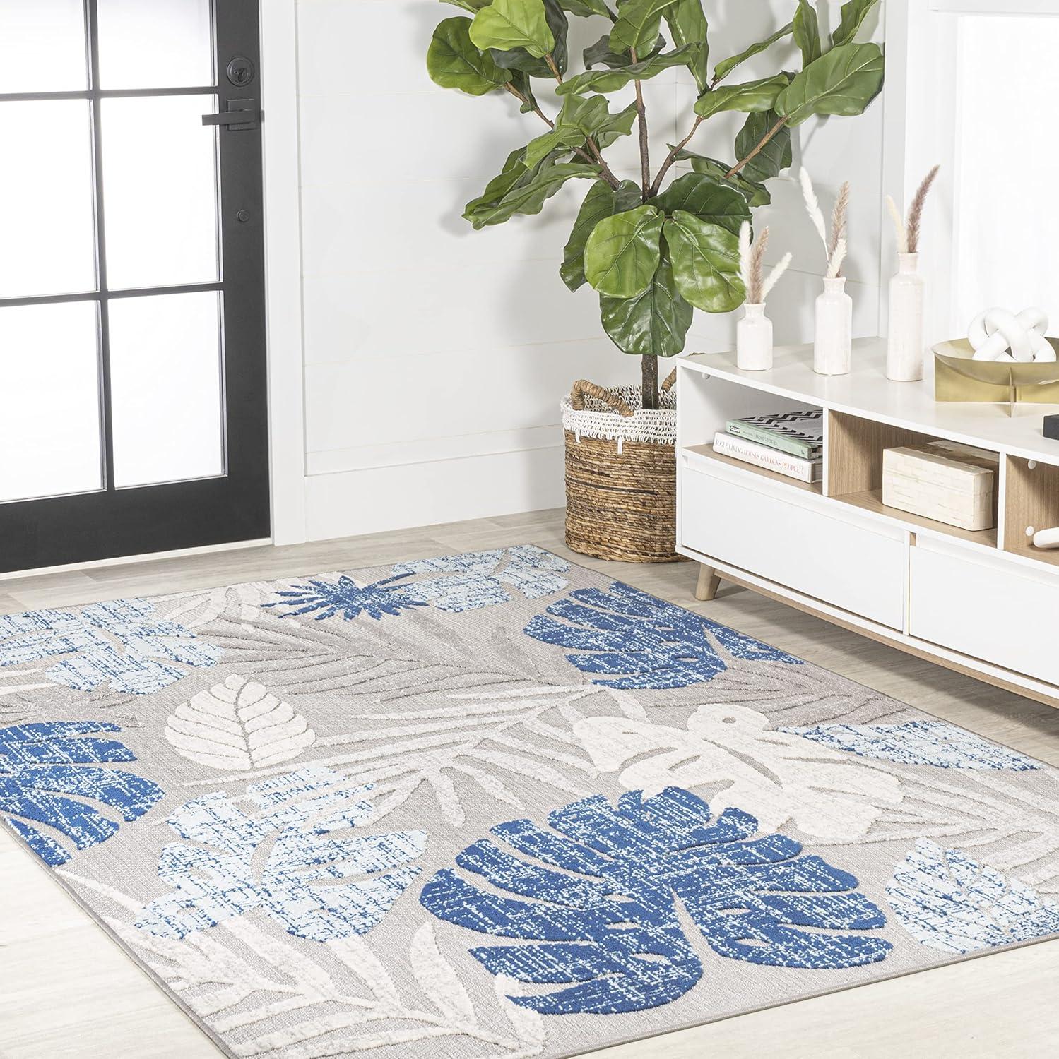 image:imageJONATHAN Y Tropical Leaf Indoor Outdoor Area Rug 8X10 Light GrayNavy Monstera HighLow for Backyard Patio Porch EasyCleaning High Traffic PetFriendly NonShedding AMC113A853 x 77 Rectangular