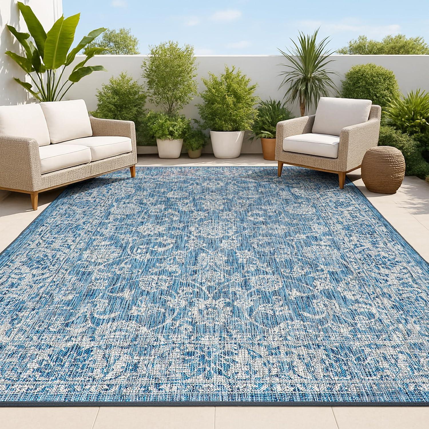 image:imageJONATHAN Y Weave Floral Indoor Outdoor Area Rug 5X8 TealGray Tela Bohemian Textured for Backyard Patio Porch EasyCleaning High Traffic PetFriendly NonShedding SMB100C5NavyGray