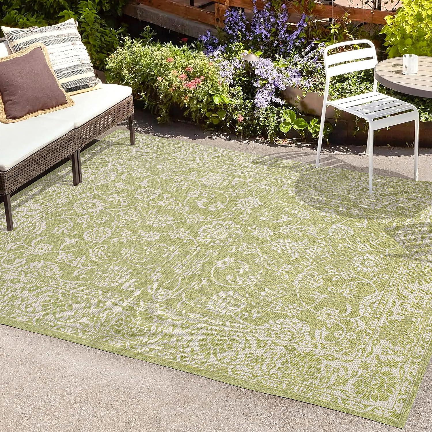 image:imageJONATHAN Y Weave Floral Indoor Outdoor Area Rug 5X8 TealGray Tela Bohemian Textured for Backyard Patio Porch EasyCleaning High Traffic PetFriendly NonShedding SMB100C5GreenCream
