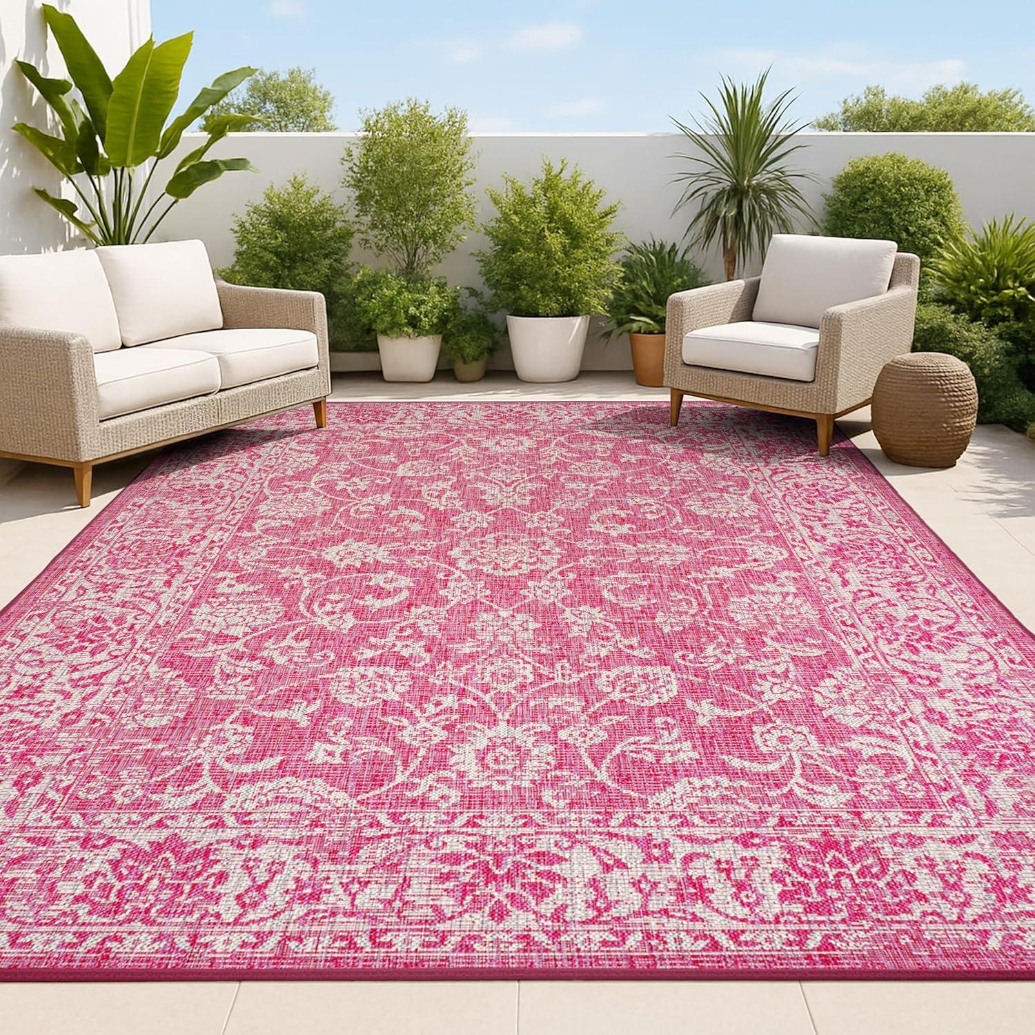 image:imageJONATHAN Y Weave Floral Indoor Outdoor Area Rug 5X8 TealGray Tela Bohemian Textured for Backyard Patio Porch EasyCleaning High Traffic PetFriendly NonShedding SMB100C5FuchsiaLight Gray