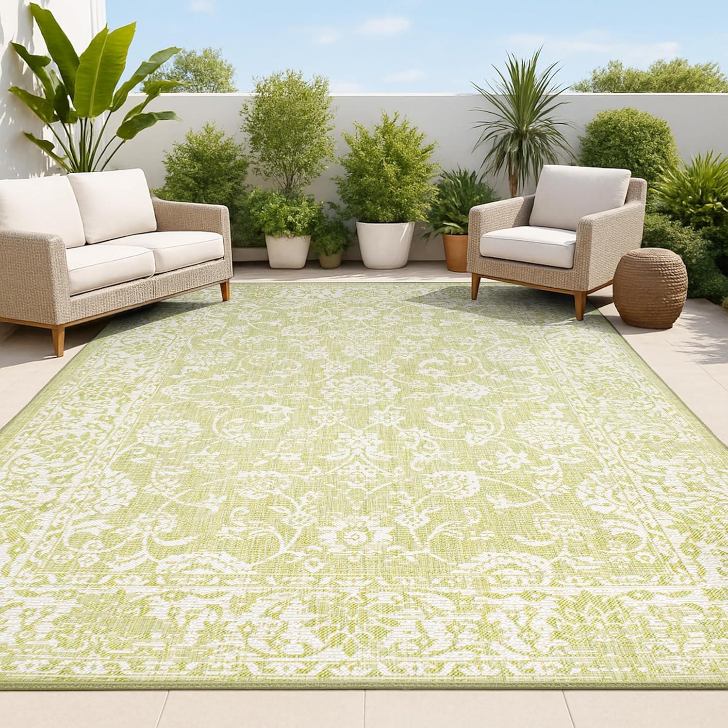 image:imageJONATHAN Y Weave Floral Indoor Outdoor Area Rug 5X8 TealGray Tela Bohemian Textured for Backyard Patio Porch EasyCleaning High Traffic PetFriendly NonShedding SMB100C5GreenCream