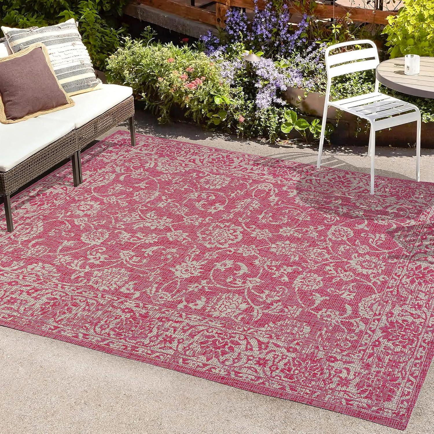 image:imageJONATHAN Y Weave Floral Indoor Outdoor Area Rug 5X8 TealGray Tela Bohemian Textured for Backyard Patio Porch EasyCleaning High Traffic PetFriendly NonShedding SMB100C5FuchsiaLight Gray
