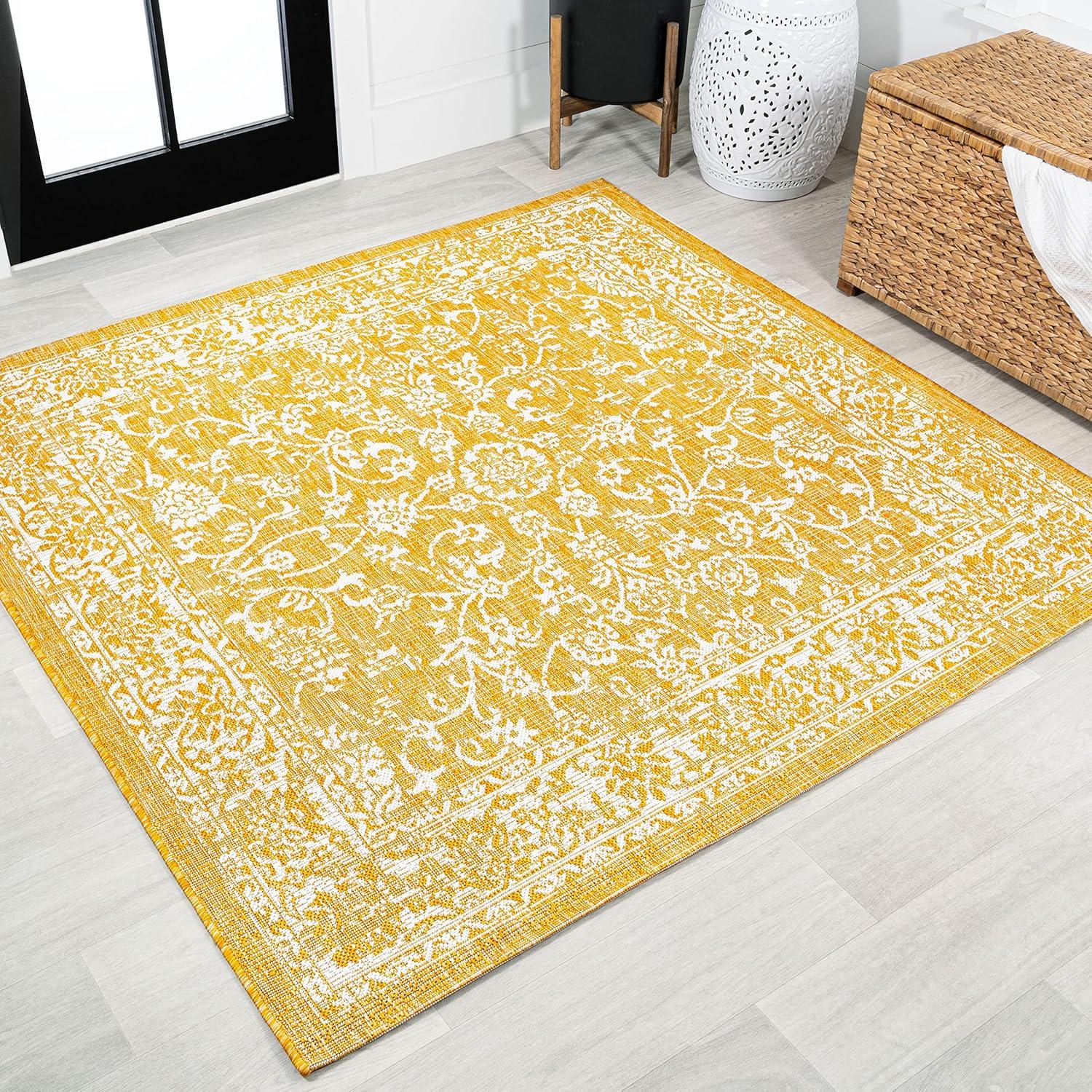 image:imageJONATHAN Y Weave Floral Indoor Outdoor Area Rug 5X8 TealGray Tela Bohemian Textured for Backyard Patio Porch EasyCleaning High Traffic PetFriendly NonShedding SMB100C5YellowCream