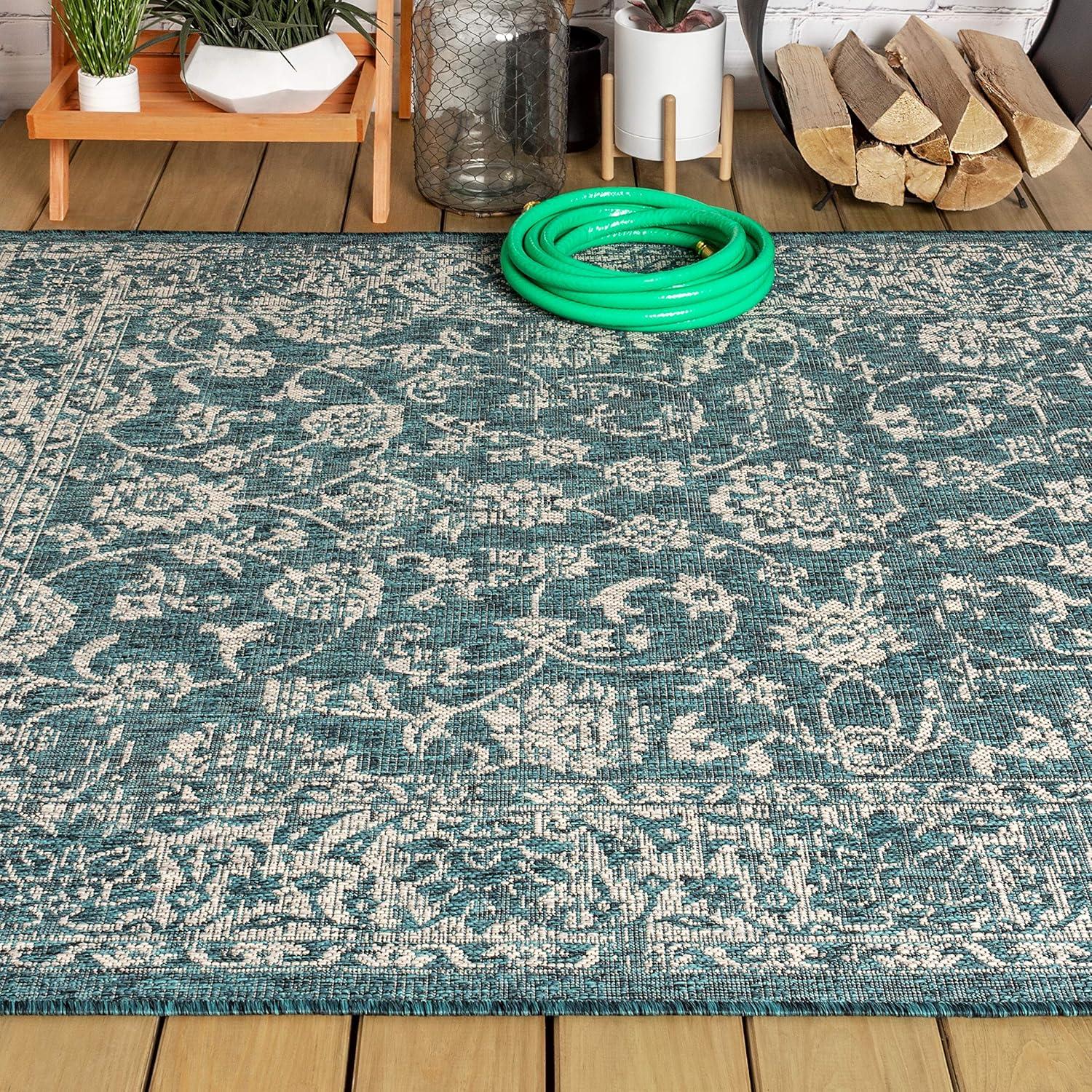image:imageJONATHAN Y Weave Floral Indoor Outdoor Area Rug 5X8 TealGray Tela Bohemian Textured for Backyard Patio Porch EasyCleaning High Traffic PetFriendly NonShedding SMB100C5TealGray