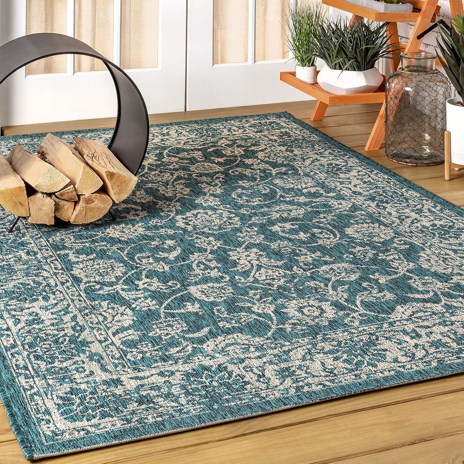 image:imageJONATHAN Y Weave Floral Indoor Outdoor Area Rug 5X8 TealGray Tela Bohemian Textured for Backyard Patio Porch EasyCleaning High Traffic PetFriendly NonShedding SMB100C5TealGray