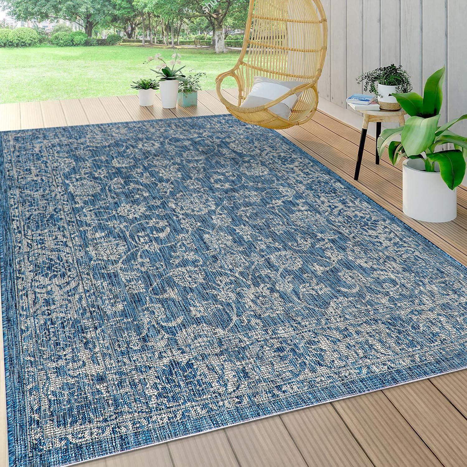image:imageJONATHAN Y Weave Floral Indoor Outdoor Area Rug 5X8 TealGray Tela Bohemian Textured for Backyard Patio Porch EasyCleaning High Traffic PetFriendly NonShedding SMB100C5NavyGray