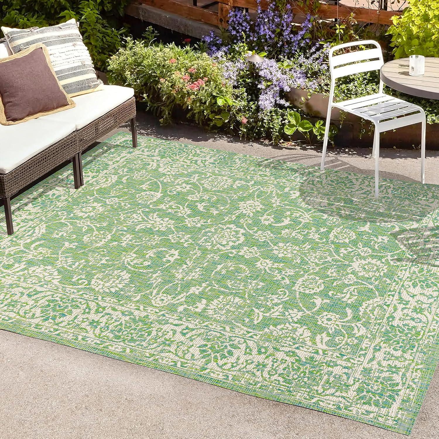 image:imageJONATHAN Y Weave Floral Indoor Outdoor Area Rug 5X8 TealGray Tela Bohemian Textured for Backyard Patio Porch EasyCleaning High Traffic PetFriendly NonShedding SMB100C5CreamGreen