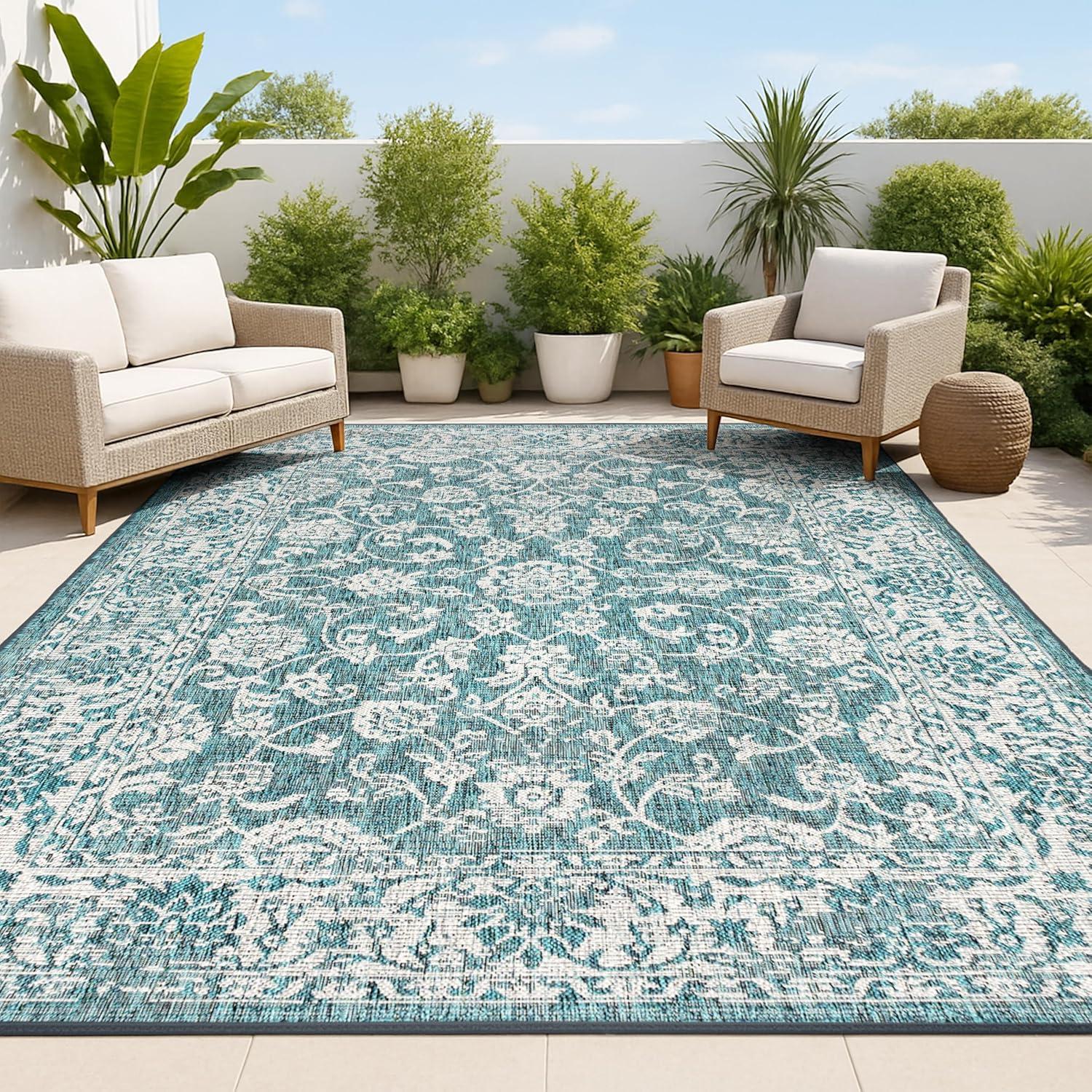 image:imageJONATHAN Y Weave Floral Indoor Outdoor Area Rug 5X8 TealGray Tela Bohemian Textured for Backyard Patio Porch EasyCleaning High Traffic PetFriendly NonShedding SMB100C5TealGray