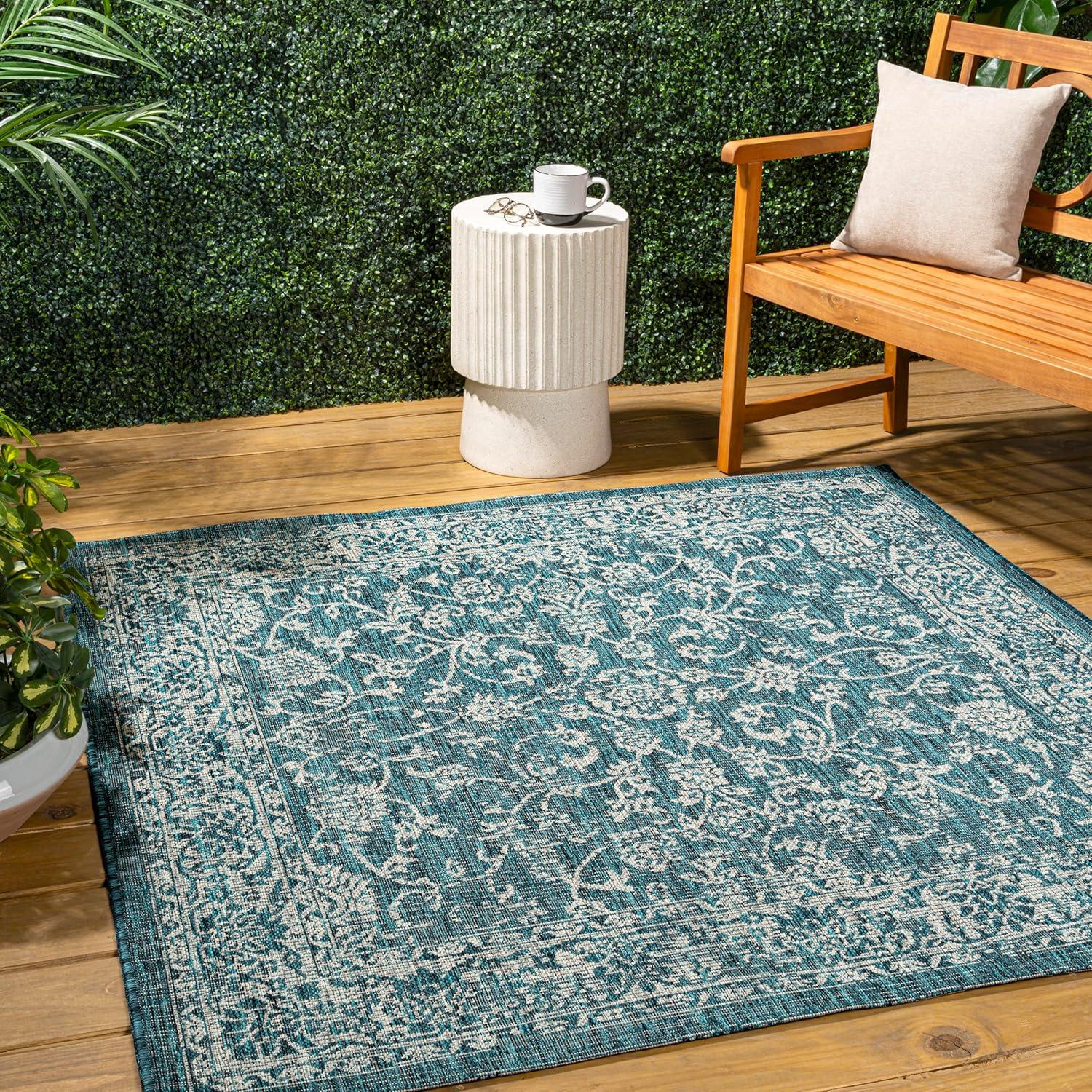 image:imageJONATHAN Y Weave Floral Indoor Outdoor Area Rug 5X8 TealGray Tela Bohemian Textured for Backyard Patio Porch EasyCleaning High Traffic PetFriendly NonShedding SMB100C5TealGray
