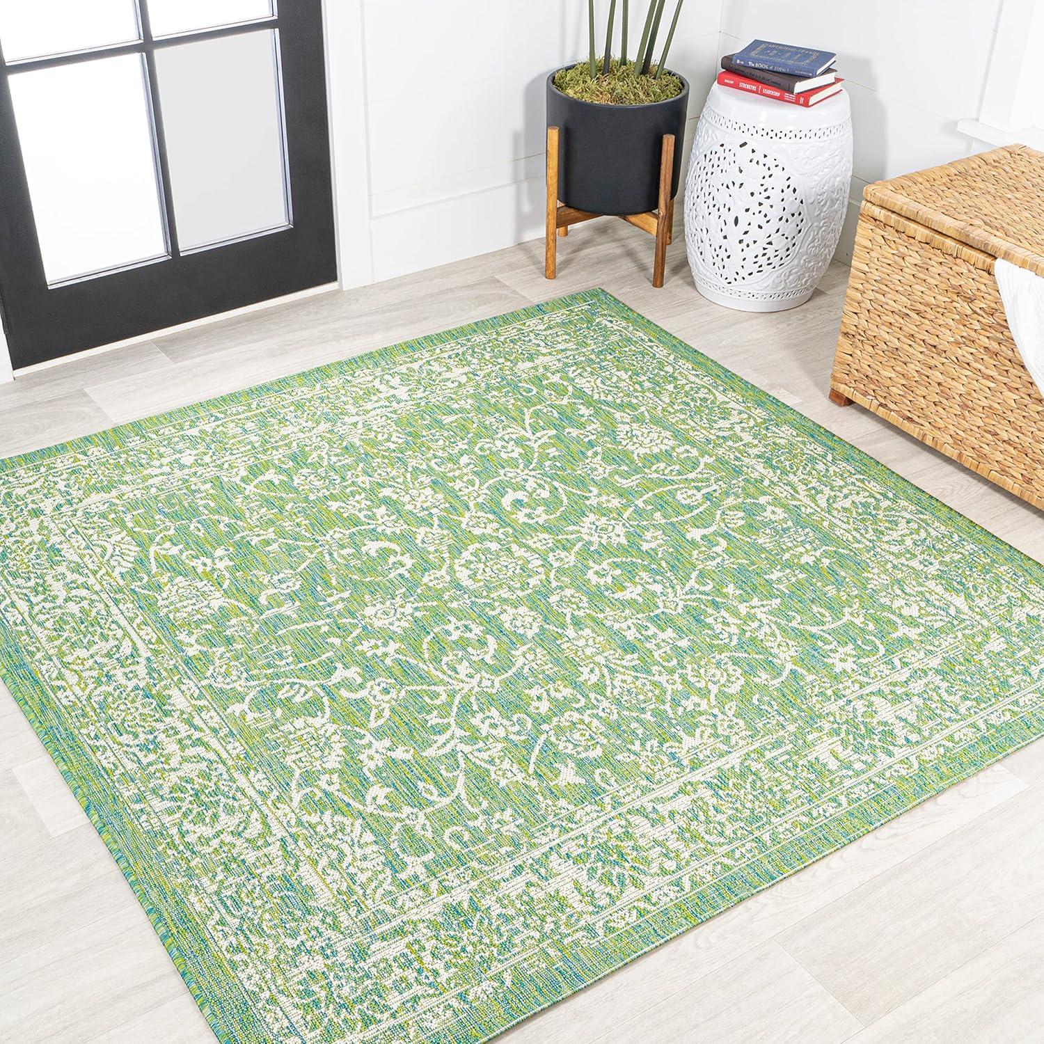 image:imageJONATHAN Y Weave Floral Indoor Outdoor Area Rug 5X8 TealGray Tela Bohemian Textured for Backyard Patio Porch EasyCleaning High Traffic PetFriendly NonShedding SMB100C5CreamGreen