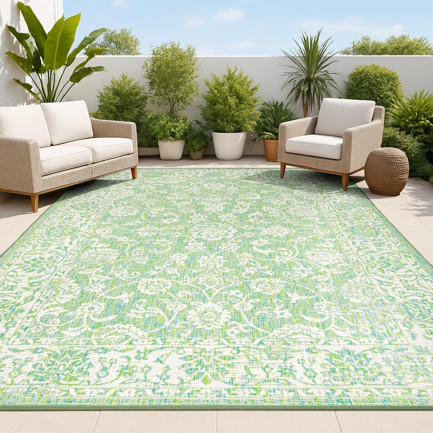 image:imageJONATHAN Y Weave Floral Indoor Outdoor Area Rug 5X8 TealGray Tela Bohemian Textured for Backyard Patio Porch EasyCleaning High Traffic PetFriendly NonShedding SMB100C5CreamGreen