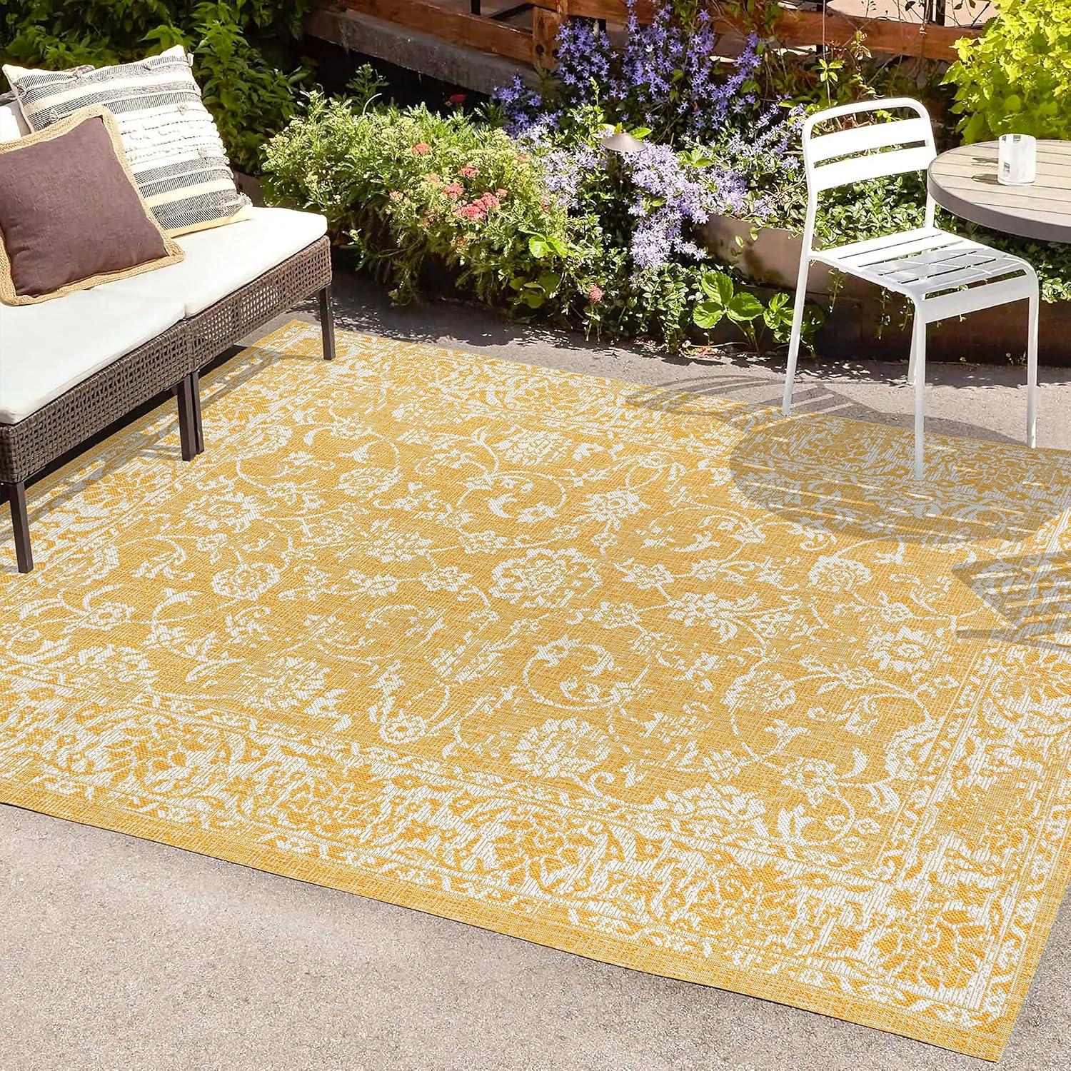 image:imageJONATHAN Y Weave Floral Indoor Outdoor Area Rug 5X8 TealGray Tela Bohemian Textured for Backyard Patio Porch EasyCleaning High Traffic PetFriendly NonShedding SMB100C5YellowCream