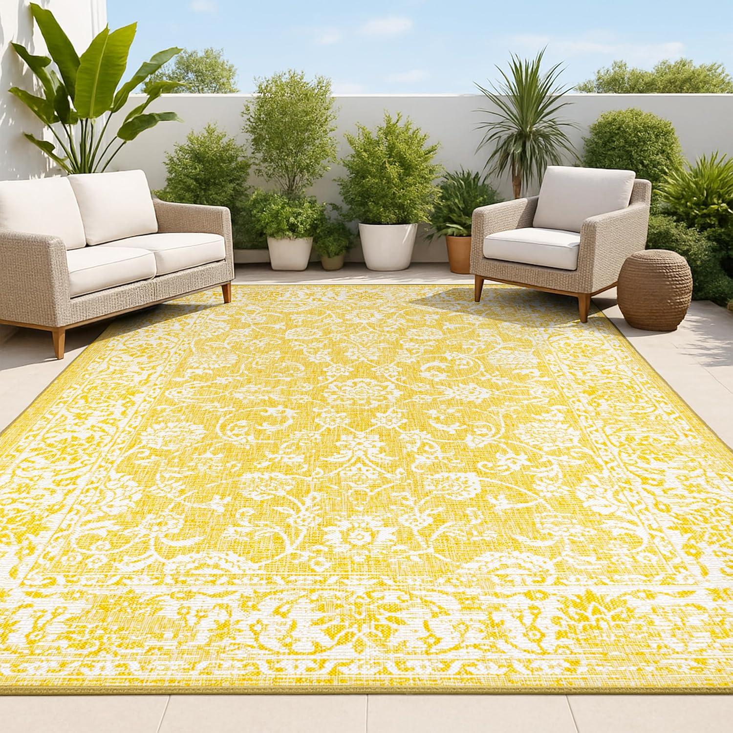 image:imageJONATHAN Y Weave Floral Indoor Outdoor Area Rug 5X8 TealGray Tela Bohemian Textured for Backyard Patio Porch EasyCleaning High Traffic PetFriendly NonShedding SMB100C5YellowCream