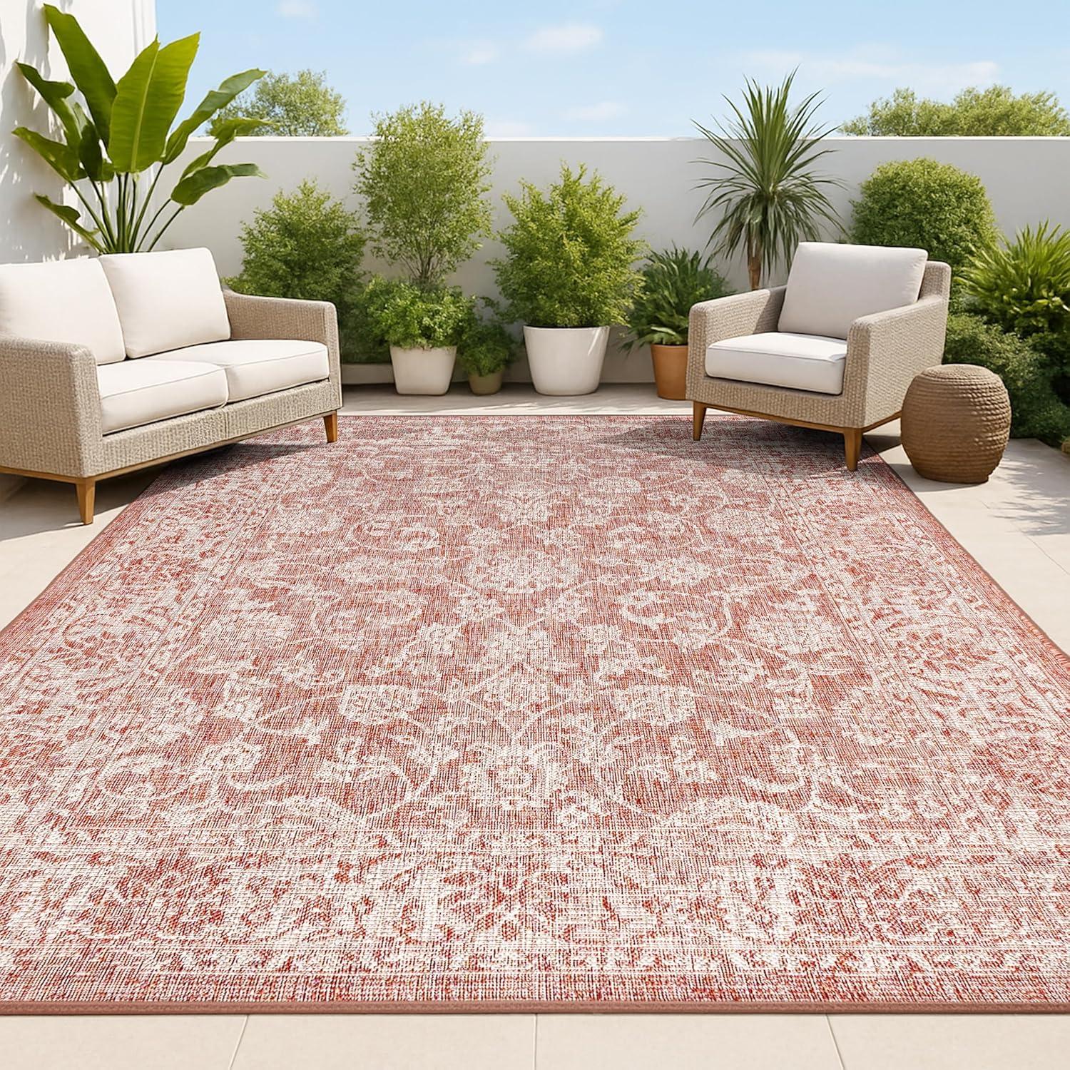 image:imageJONATHAN Y Weave Floral Indoor Outdoor Area Rug 5X8 TealGray Tela Bohemian Textured for Backyard Patio Porch EasyCleaning High Traffic PetFriendly NonShedding SMB100C5RedTaupe