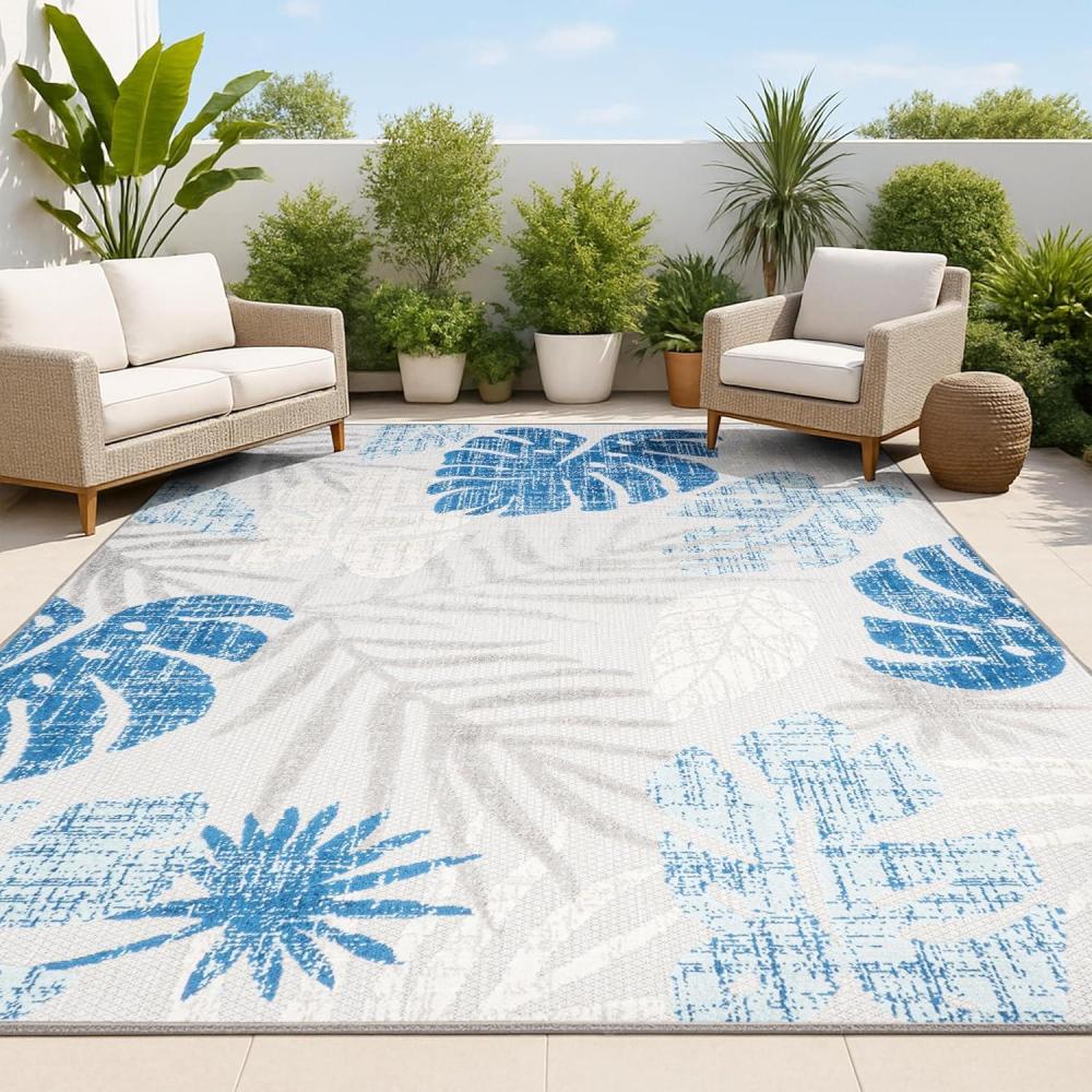 image:imageJONATHAN Y Tropical Leaf Indoor Outdoor Area Rug 8X10 Light GrayNavy Monstera HighLow for Backyard Patio Porch EasyCleaning High Traffic PetFriendly NonShedding AMC113A83 x 5 Rectangular