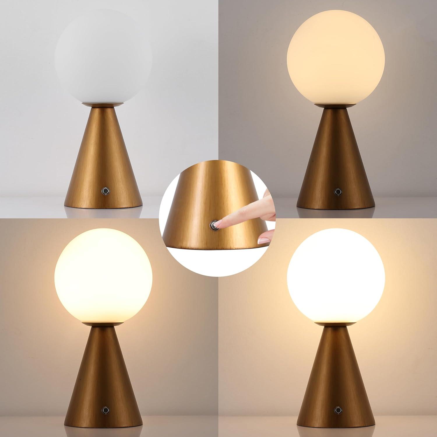 image:imageJONATHAN Y 1175 Yellow Macie Modern Globe Cordless Table Lamp Set of 2 Rechargeable Dimmable Integrated LED Touch Sensor Bedside Lamp White Frosted Glass Shade JYL7159ASET2Antique Gold
