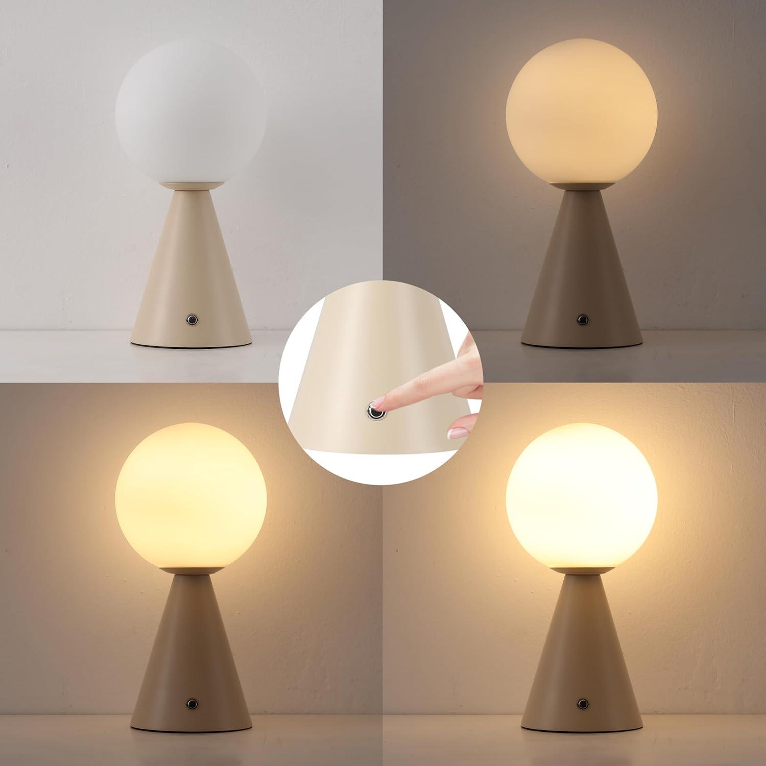 image:imageJONATHAN Y 1175 Yellow Macie Modern Globe Cordless Table Lamp Set of 2 Rechargeable Dimmable Integrated LED Touch Sensor Bedside Lamp White Frosted Glass Shade JYL7159ASET2Almond