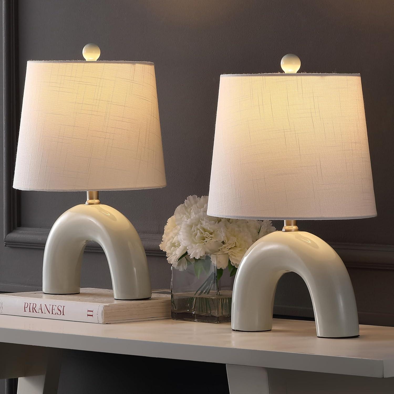 image:imageJONATHAN Y 1775 Almond Modern Ceramic Arch Table Lamp Set of 2 for Bedroom Scandinavian Minimalist Bedside Lamps with White Linen Shade LED Bulbs Included JYL5503ASET2Blue Gray