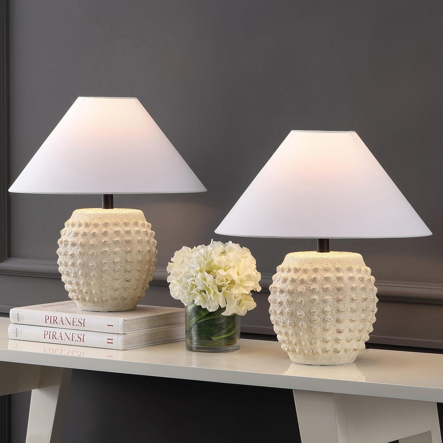 image:imageJONATHAN Y 1825 Matte Black Ceramic Hobnail Table Lamp Set of 2 for Bedroom Modern Minimalist Farmhouse Bedside Nightstand Lamps White Linen Shade LED Bulbs Included JYL5601ASET2Matte Cream