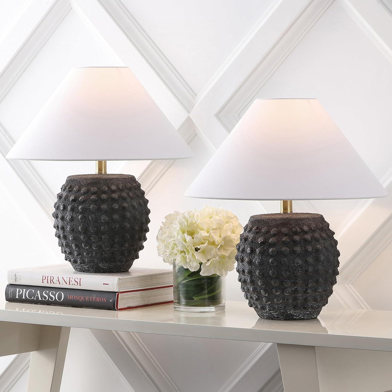 image:imageJONATHAN Y 1825 Matte Black Ceramic Hobnail Table Lamp Set of 2 for Bedroom Modern Minimalist Farmhouse Bedside Nightstand Lamps White Linen Shade LED Bulbs Included JYL5601ASET2Matte Black