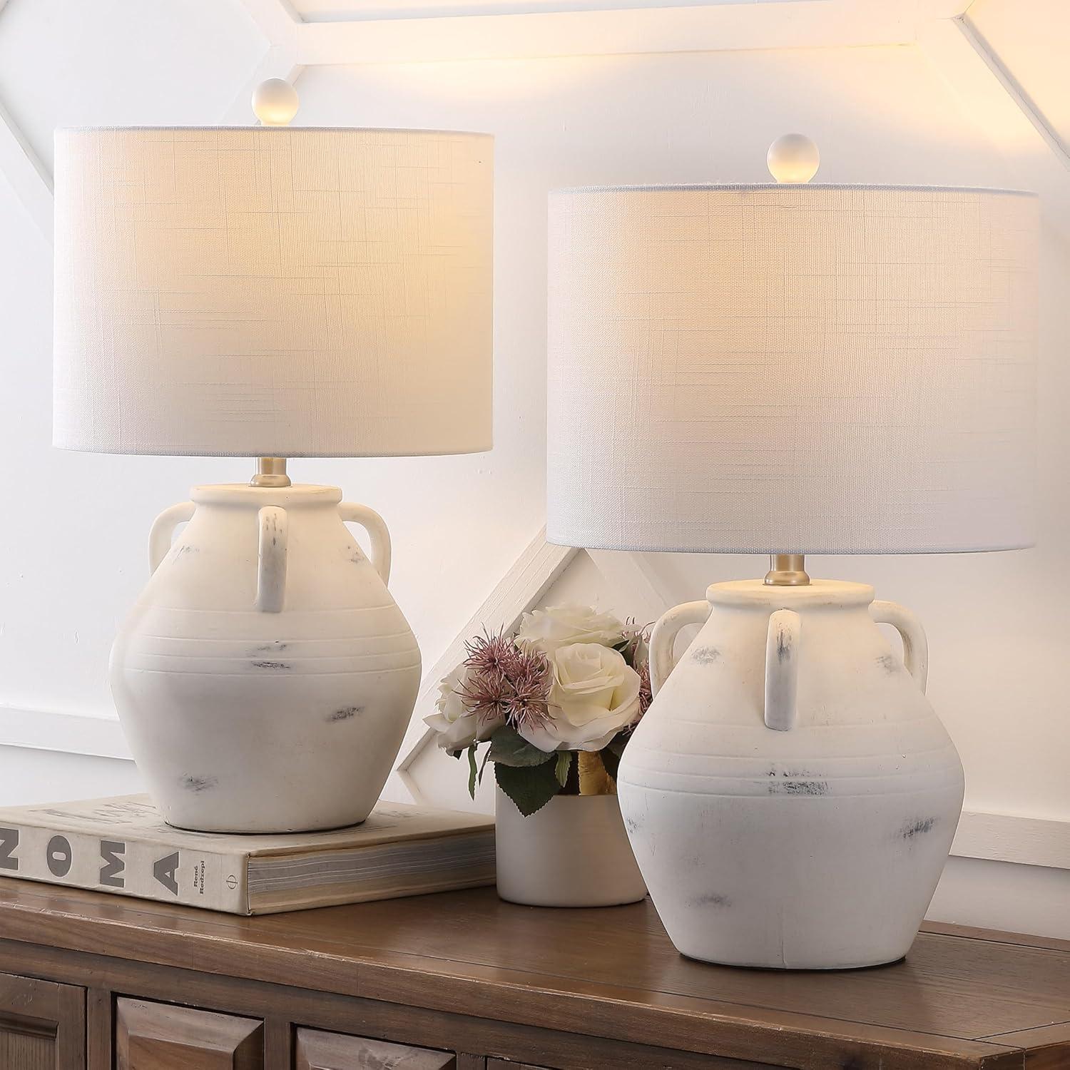 image:imageJONATHAN Y 205 White Ceramic Pottery Jar Table Lamp Set of 2 for Bedroom Living Room Rustic Coastal French Country Cottage Style White Linen Shade LED Bulbs Included JYL5502ASET2