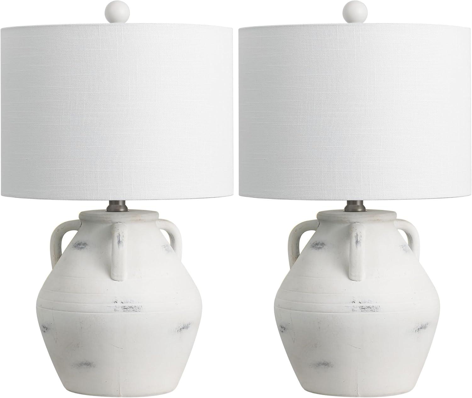 image:imageJONATHAN Y 205 White Ceramic Pottery Jar Table Lamp Set of 2 for Bedroom Living Room Rustic Coastal French Country Cottage Style White Linen Shade LED Bulbs Included JYL5502ASET2